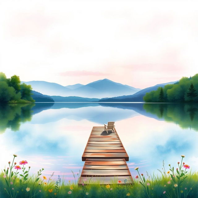 A beautiful watercolor painting depicting a serene lakeside scene for a book cover