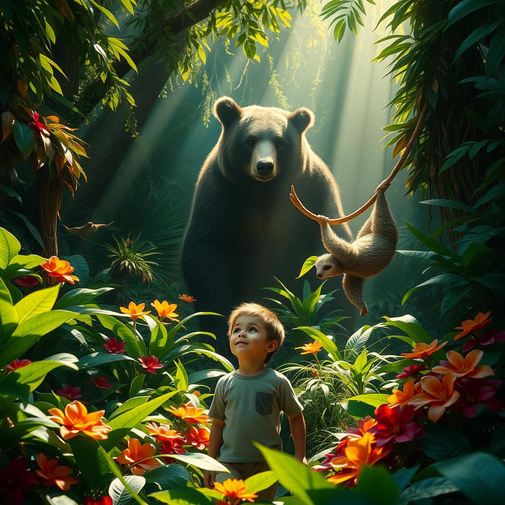 A vibrant jungle scene filled with lush green foliage and colorful flowers, featuring a young boy in the foreground, playfully interacting with a friendly sloth hanging nearby