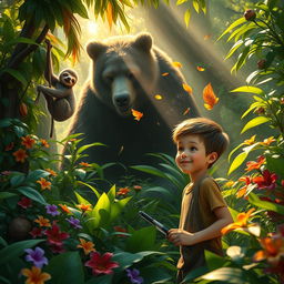 A vibrant jungle scene filled with lush green foliage and colorful flowers, featuring a young boy in the foreground, playfully interacting with a friendly sloth hanging nearby