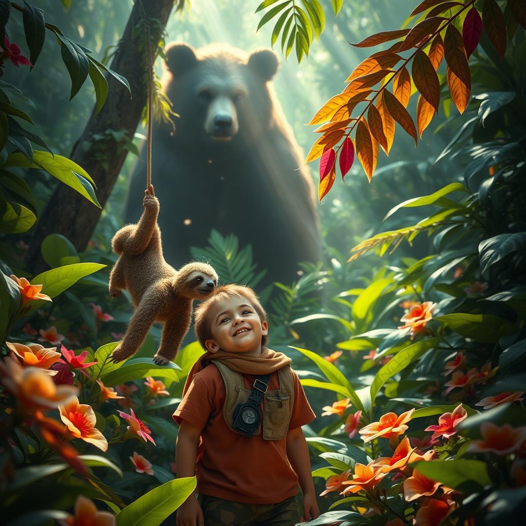 A vibrant jungle scene filled with lush green foliage and colorful flowers, featuring a young boy in the foreground, playfully interacting with a friendly sloth hanging nearby