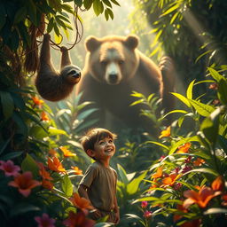 A vibrant jungle scene filled with lush green foliage and colorful flowers, featuring a young boy in the foreground, playfully interacting with a friendly sloth hanging nearby