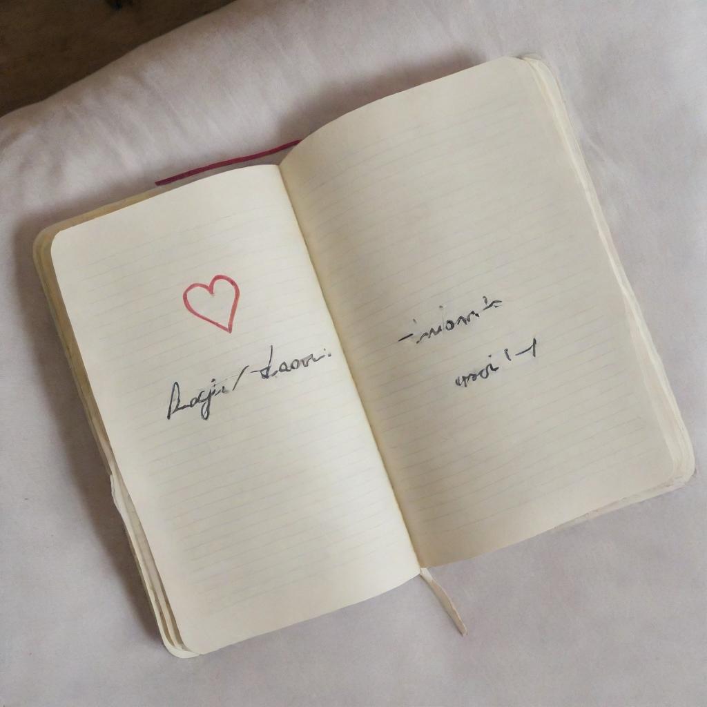 An open notebook on a bed, featuring a heart outlined in simple lines. Below the heart, the phrases 'El goti mami' and 'Sin Ti' are written.