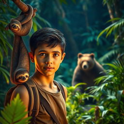 A vibrant jungle scene featuring a teenage boy with an adventurous spirit in the foreground, showcasing his curiosity and connection to the wild