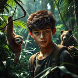 A vibrant jungle scene featuring a teenage boy with an adventurous spirit in the foreground, showcasing his curiosity and connection to the wild