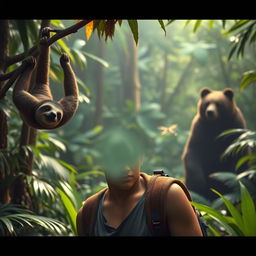 A vibrant jungle scene featuring a teenage boy with an adventurous spirit in the foreground, showcasing his curiosity and connection to the wild