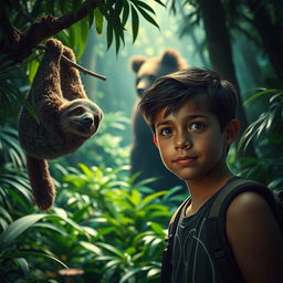 A vibrant jungle scene featuring a teenage boy with an adventurous spirit in the foreground, showcasing his curiosity and connection to the wild