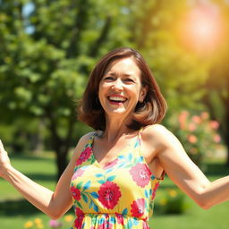 A happy middle-aged woman with a warm smile, wearing a bright, colorful dress, enjoying a sunny day outdoors