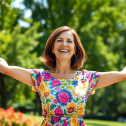 A happy middle-aged woman with a warm smile, wearing a bright, colorful dress, enjoying a sunny day outdoors