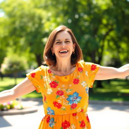 A happy middle-aged woman with a warm smile, wearing a bright, colorful dress, enjoying a sunny day outdoors