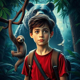 A vibrant jungle scene designed as a movie poster, showcasing an adventurous teenage boy in the foreground, with an expression of curiosity and wonder