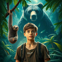 A vibrant jungle scene designed as a movie poster, showcasing an adventurous teenage boy in the foreground, with an expression of curiosity and wonder