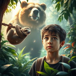 A vibrant jungle scene designed as a movie poster, showcasing an adventurous teenage boy in the foreground, with an expression of curiosity and wonder