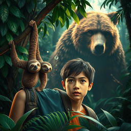 A vibrant jungle scene designed as a movie poster, showcasing an adventurous teenage boy in the foreground, with an expression of curiosity and wonder