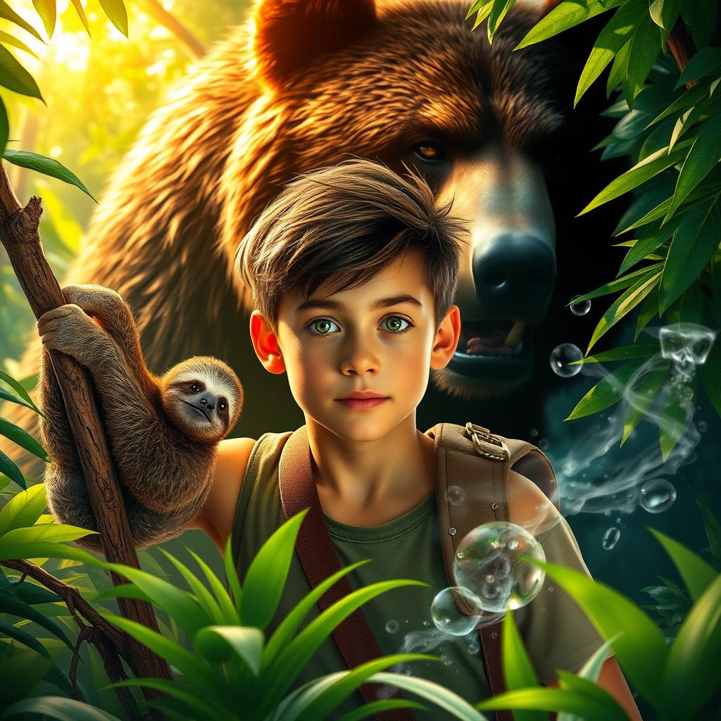 A striking poster featuring a vibrant jungle setting, highlighting an adventurous teenage boy in the foreground with an expression full of wonder