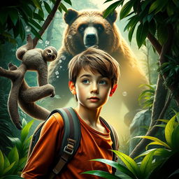 A striking poster featuring a vibrant jungle setting, highlighting an adventurous teenage boy in the foreground with an expression full of wonder