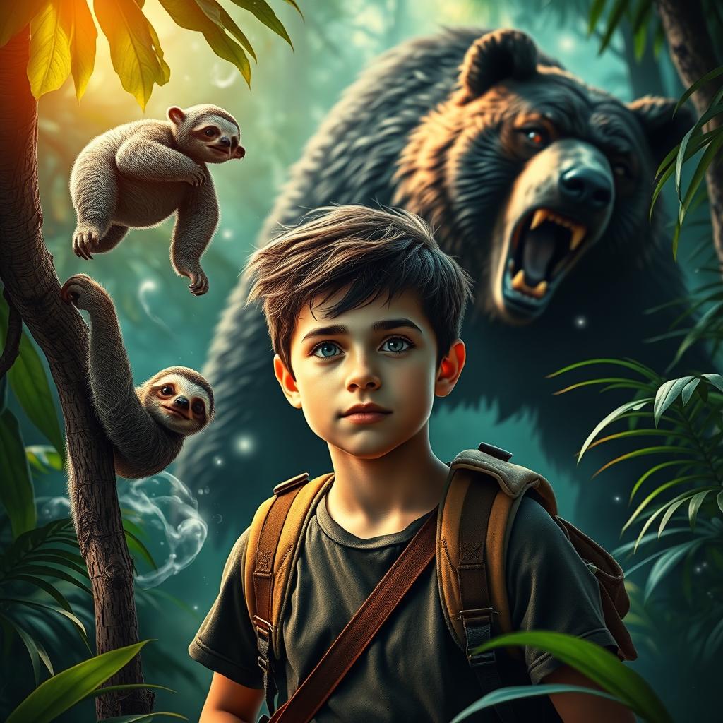 A striking poster featuring a vibrant jungle setting, highlighting an adventurous teenage boy in the foreground with an expression full of wonder