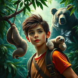 A striking poster featuring a vibrant jungle setting, highlighting an adventurous teenage boy in the foreground with an expression full of wonder