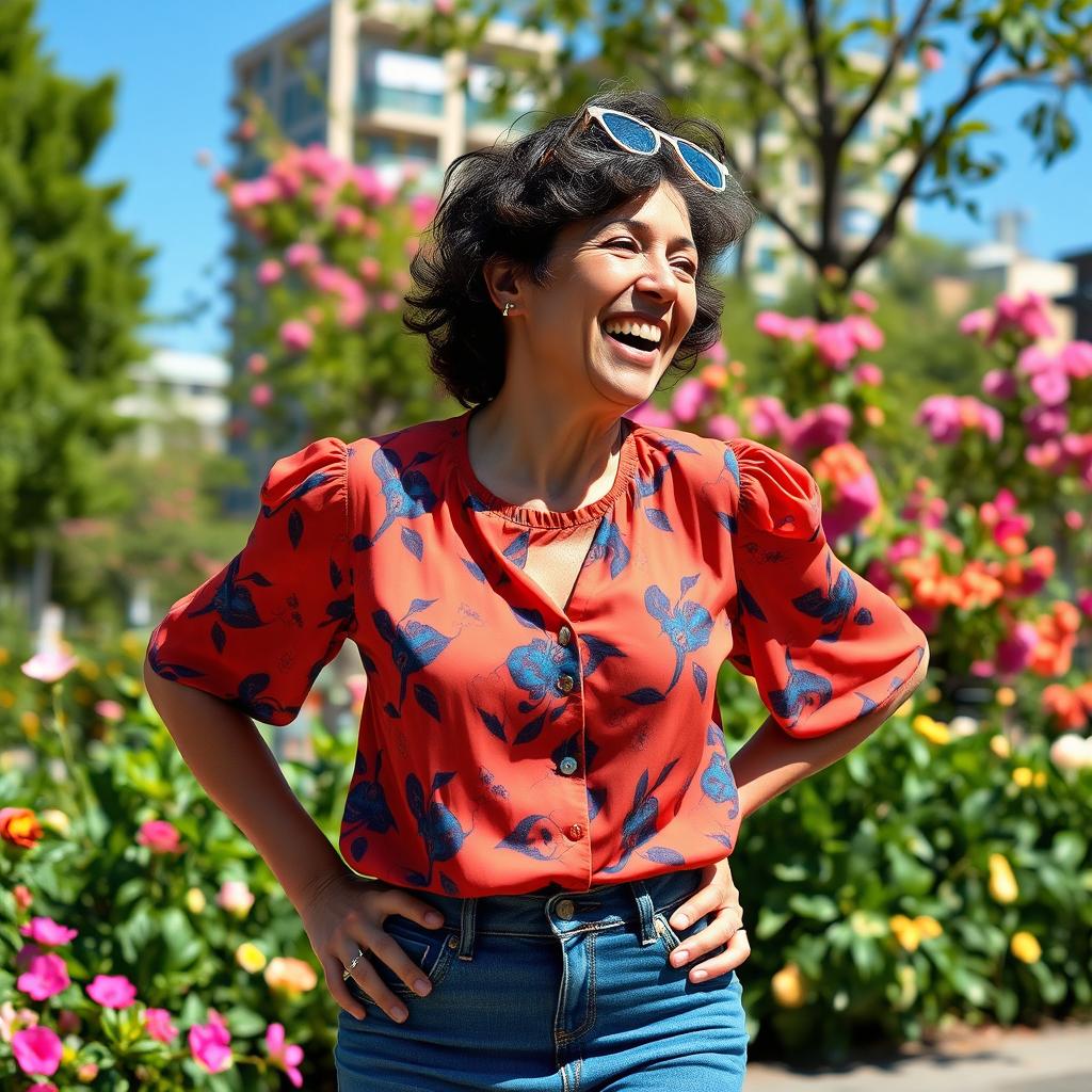 A joyful 50-year-old woman with a radiant smile, dressed in a stylish, colorful blouse and jeans, enjoying a beautiful day in a city park