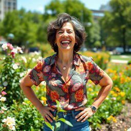 A joyful 50-year-old woman with a radiant smile, dressed in a stylish, colorful blouse and jeans, enjoying a beautiful day in a city park