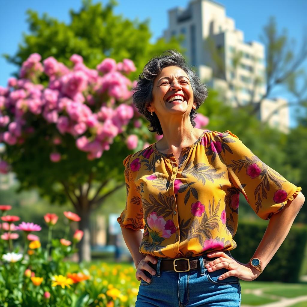 A joyful 50-year-old woman with a radiant smile, dressed in a stylish, colorful blouse and jeans, enjoying a beautiful day in a city park