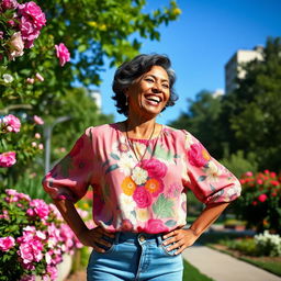 A joyful 50-year-old woman with a radiant smile, dressed in a stylish, colorful blouse and jeans, enjoying a beautiful day in a city park