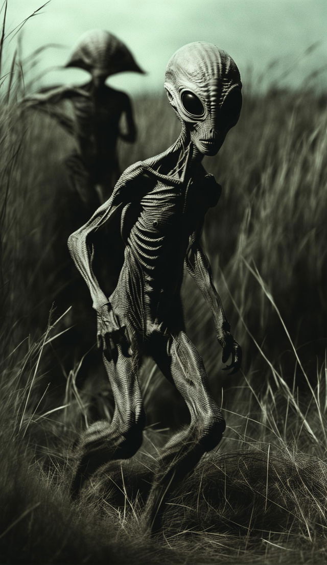 A HD, gritty, grainy black and white photograph of a 7ft tall Roswell Grey alien running away in side profile through long dry grass at night.