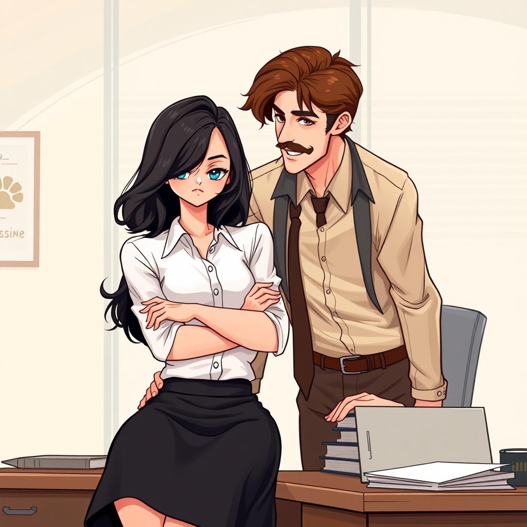 A romance book cover set in an office environment, showcasing a young woman with shoulder-length black wavy hair seated on a desk