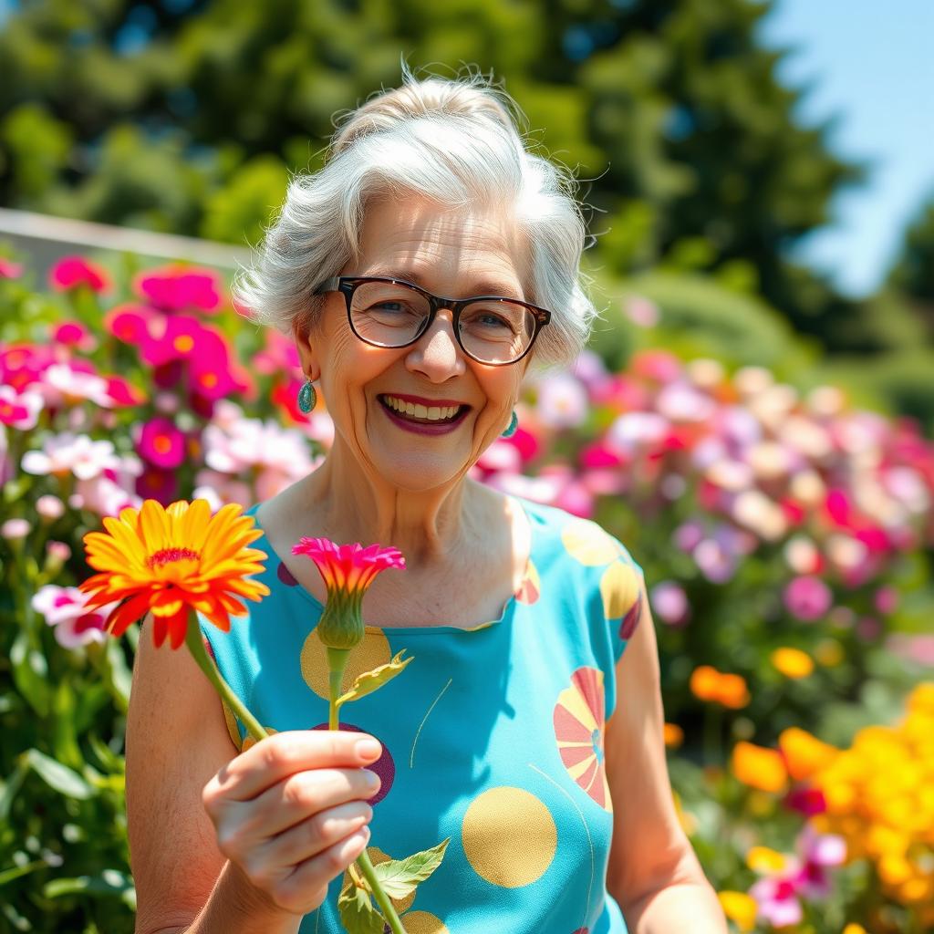 A cheerful elderly woman with a warm smile, showcasing her joy while enjoying a beautiful garden filled with colorful flowers