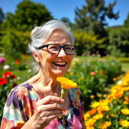 A cheerful elderly woman with a warm smile, showcasing her joy while enjoying a beautiful garden filled with colorful flowers