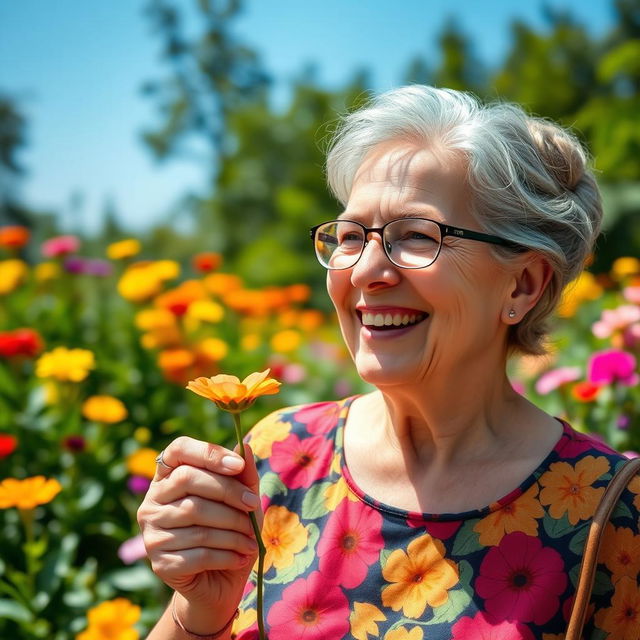 A cheerful elderly woman with a warm smile, showcasing her joy while enjoying a beautiful garden filled with colorful flowers