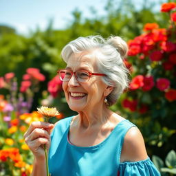 A cheerful elderly woman with a warm smile, showcasing her joy while enjoying a beautiful garden filled with colorful flowers