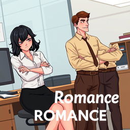 A romance book cover set in an office environment