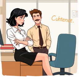 A romance book cover set in an office environment, featuring a young woman with shoulder-length black wavy hair sitting on a desk