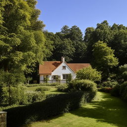 A picturesque house with an extensive, well-tended garden surrounding it on a large plot of land.