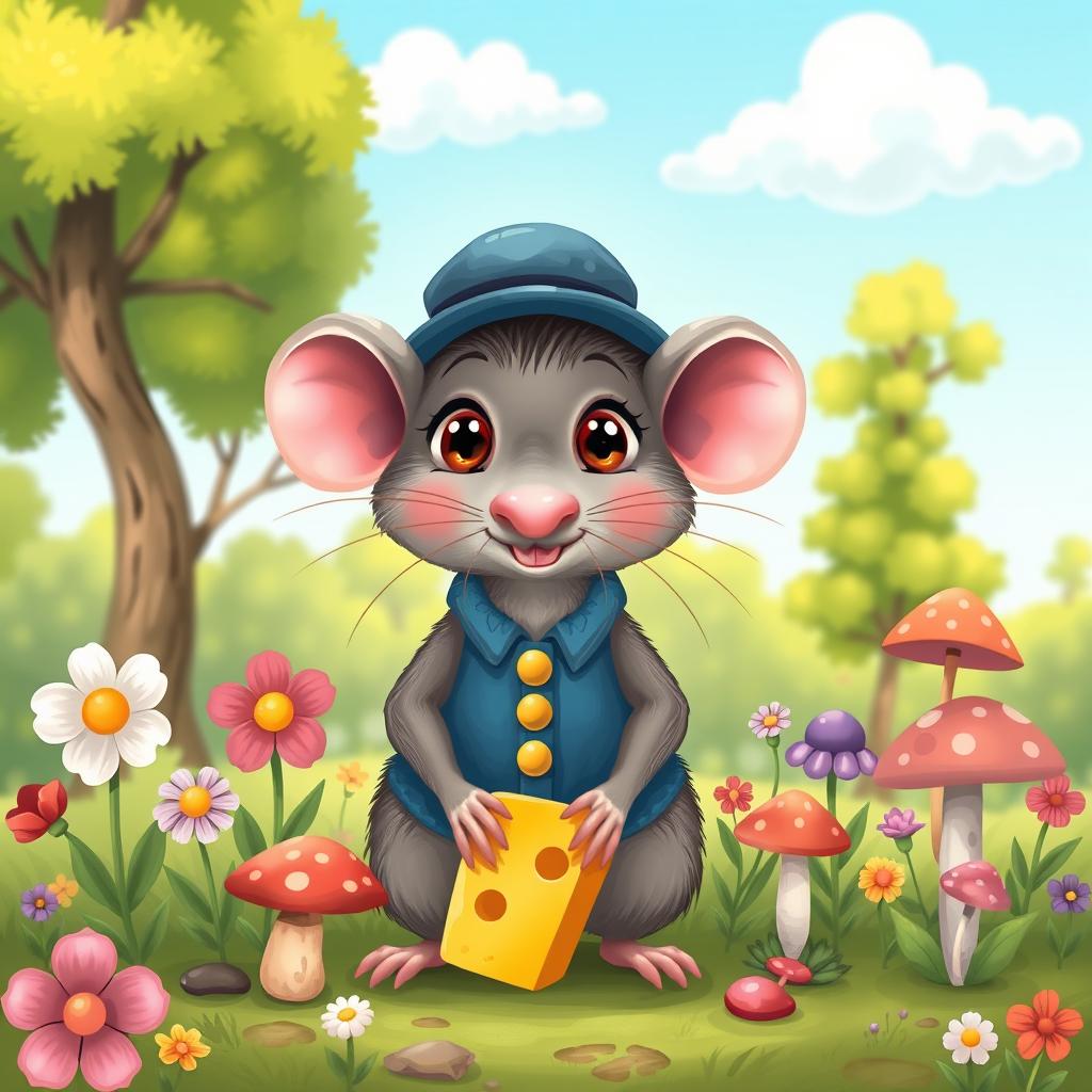 A cute and whimsical illustration of a cartoon rat, with big expressive eyes, a tiny pink nose, and long whiskers