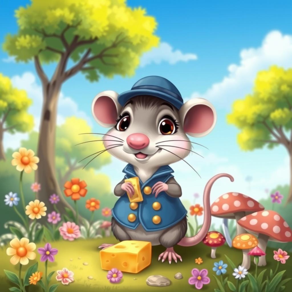 A cute and whimsical illustration of a cartoon rat, with big expressive eyes, a tiny pink nose, and long whiskers