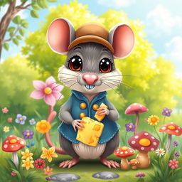 A cute and whimsical illustration of a cartoon rat, with big expressive eyes, a tiny pink nose, and long whiskers