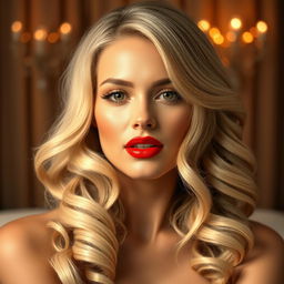 A stunning blonde woman with beautiful curls cascading around her shoulders, showcasing her vibrant and seductive red lips