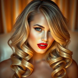 A stunning blonde woman with beautiful curls cascading around her shoulders, showcasing her vibrant and seductive red lips