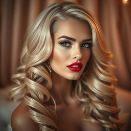 A stunning blonde woman with beautiful curls cascading around her shoulders, showcasing her vibrant and seductive red lips