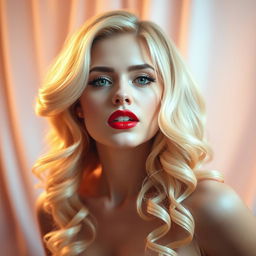 A stunning blonde woman with beautiful curls cascading around her shoulders, showcasing her vibrant and seductive red lips