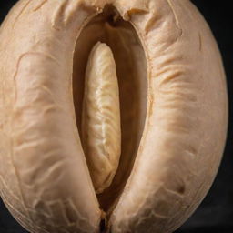 An intricately detailed close-up of a single peanut with its shell slightly cracked open to reveal the kernel inside.