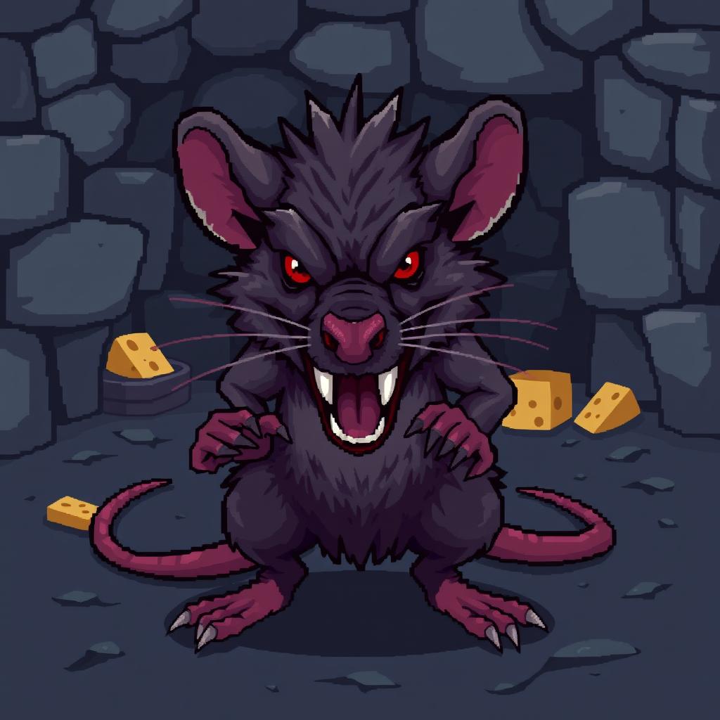 A pixel art style depiction of an aggressive rat, featuring sharp fangs bared and a fierce expression