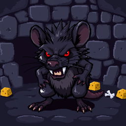 A pixel art style depiction of an aggressive rat, featuring sharp fangs bared and a fierce expression