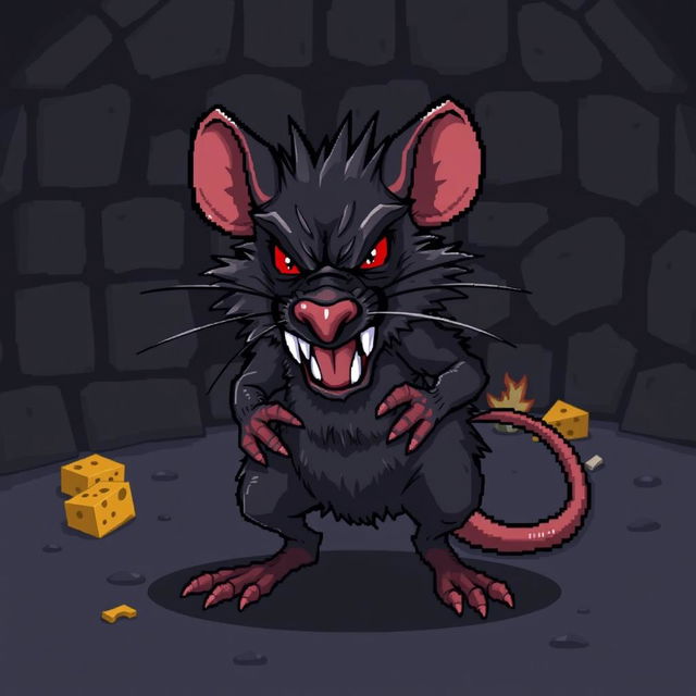 A pixel art style depiction of an aggressive rat, featuring sharp fangs bared and a fierce expression