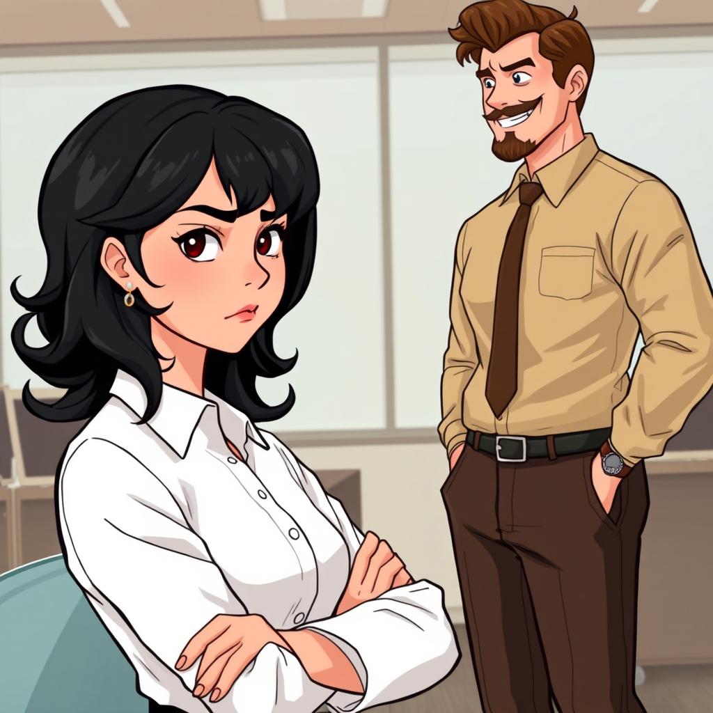 A romance book cover set in an office environment, focusing on the foreground where a young woman with shoulder-length black wavy hair displays an unimpressed, grumpy, and annoyed expression, arms crossed over her chest