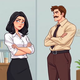 A romance book cover set in an office environment, focusing on the foreground where a young woman with shoulder-length black wavy hair displays an unimpressed, grumpy, and annoyed expression, arms crossed over her chest