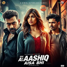 A cinematic action love film poster for a movie titled 'EK AASHIQ AISA BHI'