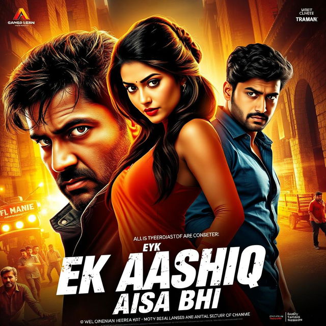 A cinematic action love film poster for a movie titled 'EK AASHIQ AISA BHI'