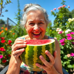 An elderly woman joyfully eating a watermelon, sitting outdoors in a sunny garden